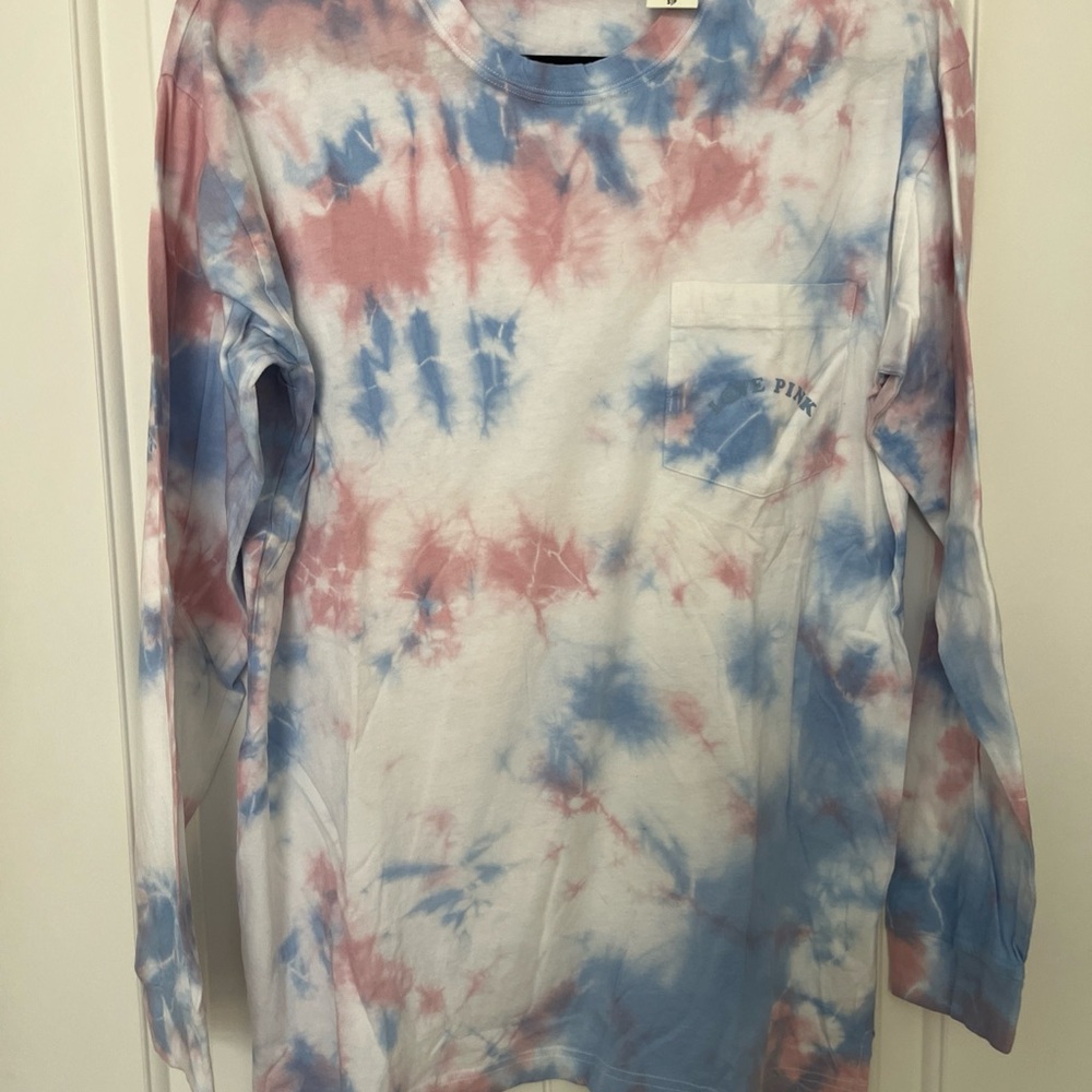 VS PINK Retro Long Sleeve Tee Shirt Pink & Blue Tie Dye T Shirt Victoria’s, NWT